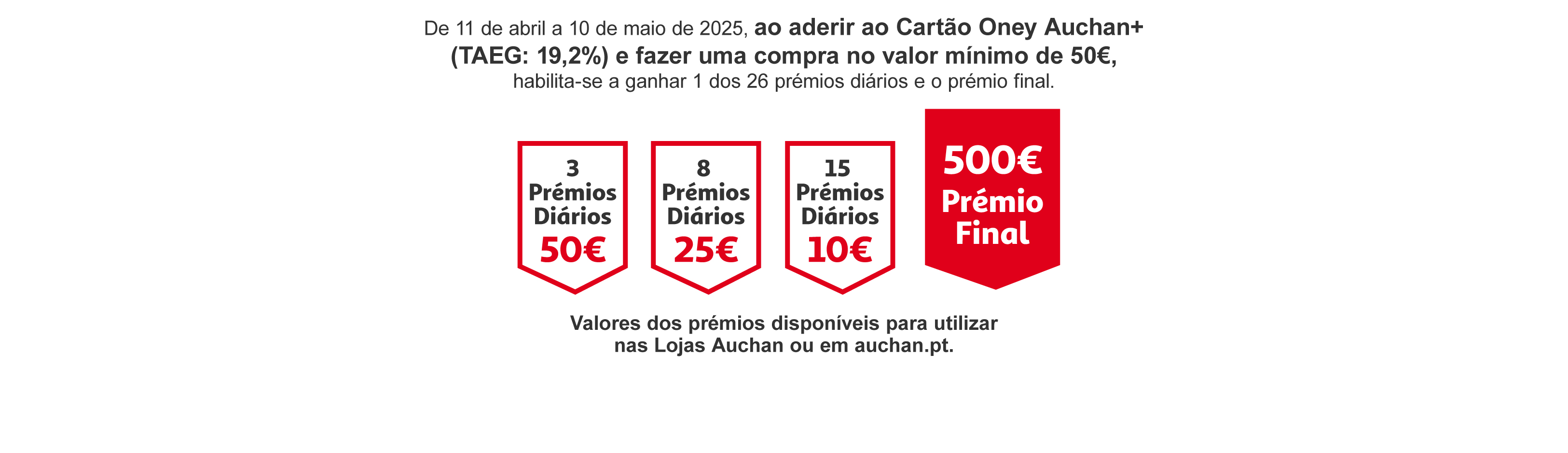 De 11 de abril a 10 de maio de 2025, ao aderir ao Cartão Oney Auchan+ (TAEG: 19,2%) e fazer uma compra no valor mínimo de 50€, habilita-se a ganhar 1 dos 26 prémios diários e o prémio de 500€!