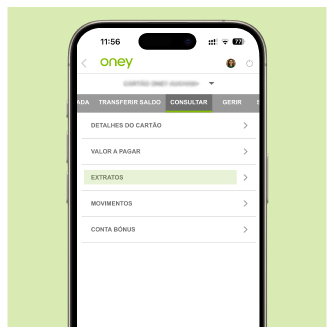 Ecrã opções de consulta na APP Oney