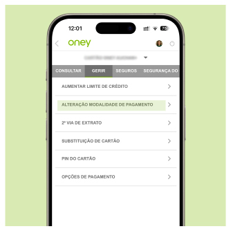 Ecrã opções de gestão de conta APP Oney