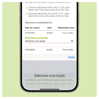 Ecrã com opções de modalidades de pagamento para escolha