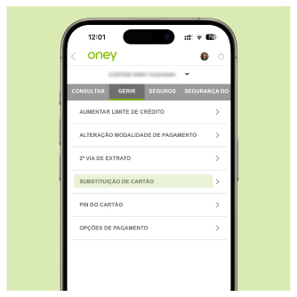 Ecrã opções de gestão de conta APP Oney