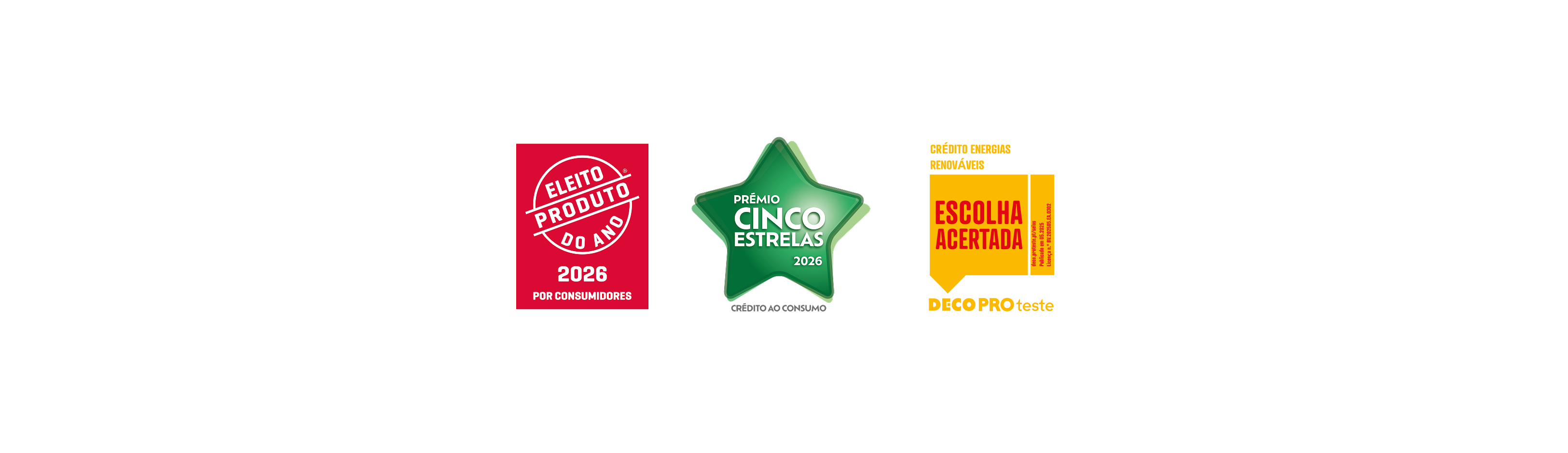 Prémios atribuídos ao Oney: Produto do Ano 2026, Prémio Cinco Estrelas 2026 Crédito ao Consumo e Prémio Escolha Acertada da DECO Proteste 2025 para o Crédito Energias Renováveis Oney.